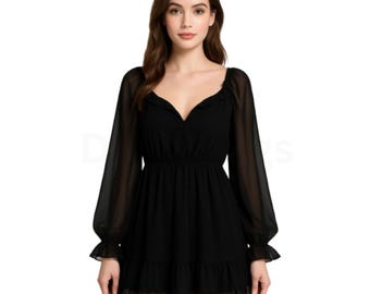Chiffon A-Line Mini Dress: V-Neck Lace Ruffle - Elegant Party Gown