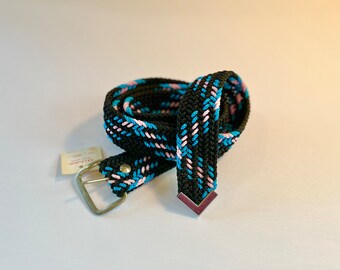 Western Nylon Cord Braided Belt. Black with turquoise and pink.