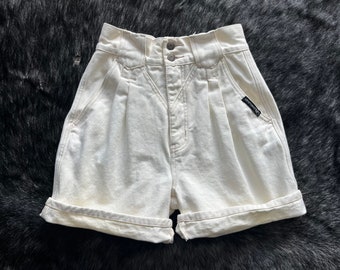 Western Bareback Jean Shorts, vintage pleated high-rise denim, cream colored, 24 inch waist