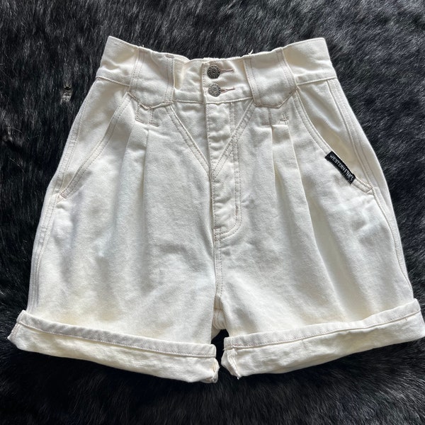 Western Bareback Jean Shorts, vintage pleated high-rise denim, cream colored, 24 inch waist