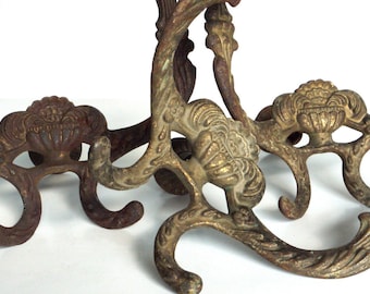 Antique Floral Urn / Basket Hall Tree Double Armed Hooks, set of 3, Wall Hook / Coat Hook