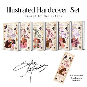 May include: A set of six hardcover books titled A Spot of Tea and Sorcery by Sylvia Mercedes, featuring illustrated covers with romantic scenes, floral accents, and a raven. A matching double-sided bookmark and the author's signature are included.