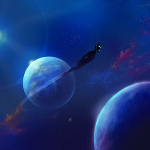 Peut inclure: Un vaisseau spatial vole dans un espace bleu foncé avec une planète bleue brillante en arrière-plan. La planète a un système d'anneaux et une lune plus petite au premier plan. Le vaisseau spatial est noir et a une lumière bleue brillante à l'avant.