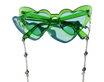 Glitter Heart Shaped Green Sunglasses - gold and green Beaded Chain Sunglasses - Fun summertime party festival retro Y2K sunglasses