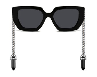 Funky Oversized Sunglasses with Dangle Metal Chain Dangle bullet Quartz Charms