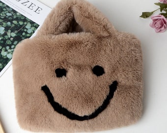 Faux Fur Fuzzy Taupe Smile Handbag - Cute Fluffy Fashion Purse - Luxurious Emoji Smile Bag Jacquard Strap- Y2K Style Shoulder Tote