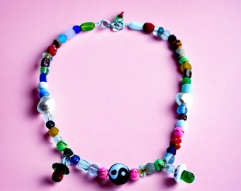 Colorful handmade beaded choker necklace, y2k Yin Yang and pearl with mushroom glass beads , lampwork fairycore