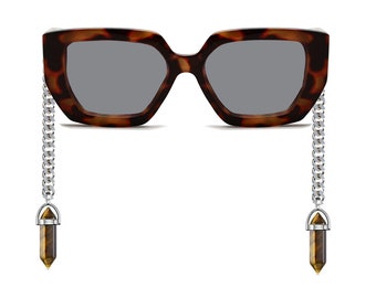 Funky Oversized Tortoiseshell Sunglasses with Dangle Metal Chain Dangle bullet Stone Charms