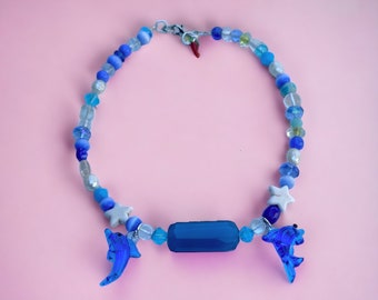 Colorful Handmade Blue Beaded Dolphin Glass lampwork Choker Necklace Beach, Mermaidcore, Fairycore Y2K Inspired