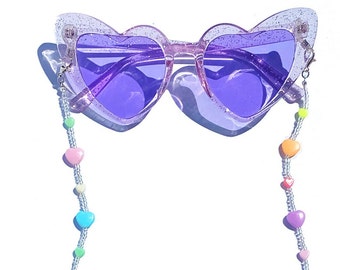 Glitter Heart Shaped Purple Sunglasses - heart Beaded Chain Sunglasses - Fun summertime party festival retro Y2K sunglasses