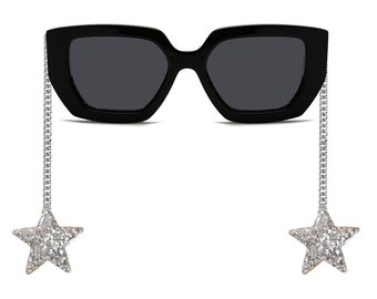 Funky Oversized Black Sunglasses with Metal Chain Dangle Glitter Star Charms