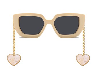 Funky White Oversized Sunglasses with Dangle Metal Chain Dangle Heart Charms