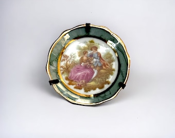 Limoges, France Fragonard Courting Couple Miniature Porcelain Plates with Brass Stands:  Gold 2 Inch