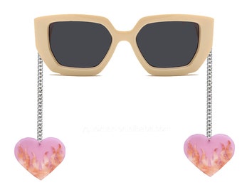 Funky Oversized Sunglasses with Dangle Metal Chain Dangle Heart Charms