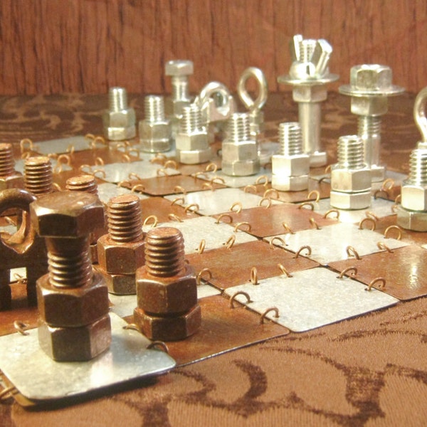 Chess Set, Steampunk Plate-mail, Steel and Rust - Chess Board, Pieces, and Box