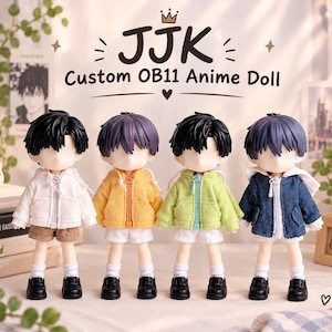 May include: Four custom OB11 anime dolls standing in a row, each wearing a different colored zip-up hoodie in white, yellow, light green, and dark blue, paired with white or brown shorts, white socks, and black shoes, under the text JJK Custom OB11 Anime Doll.