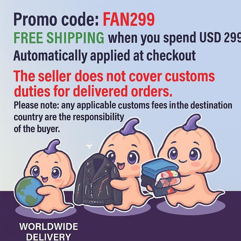 May include: Illustration of three cartoon characters resembling pumpkins, each holding different items: a globe, a black jacket, and folded clothes. Text includes "Promo code: FAN299" and "WORLDWIDE DELIVERY".