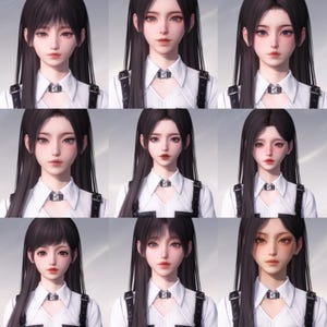 Op de afbeelding: Negen verschillende afbeeldingen van een vrouw met lang zwart haar die een wit overhemd met een zwarte kraag en een zwart leren harnas draagt. De vrouw heeft in elke afbeelding verschillende gezichtsuitdrukkingen en make-up.