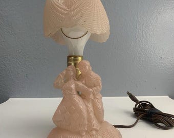 Vintage Pink Glass Courting Couple Lamp Base MCM Boudoir Accent Table Lamp Works