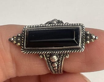 Anillo de plata de ley 925 estilo balinés vintage con ónix negro - Talla 6.5 Rectangular