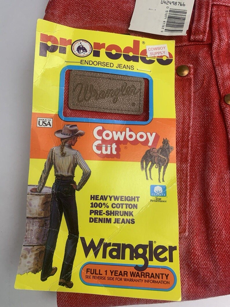 Jean VTG Wrangler pour femme 1 x 34 coupe cowboy, délavé à l'acide occidental rouge-orange Rodeo image 3