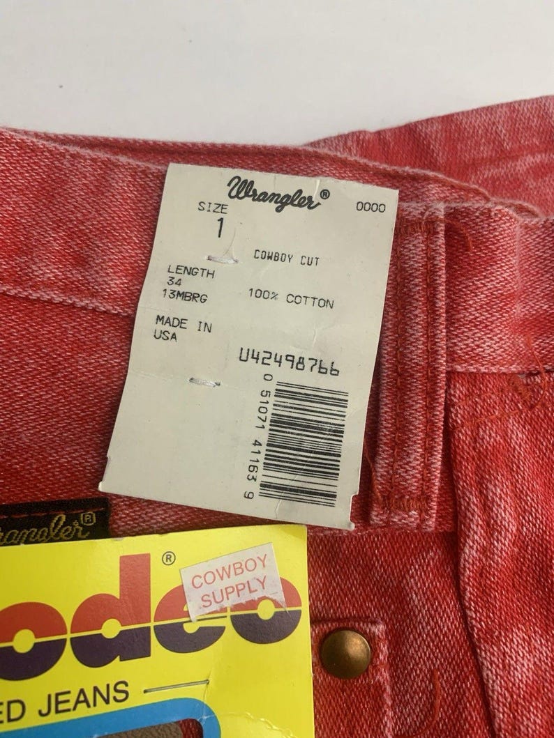 Jean VTG Wrangler pour femme 1 x 34 coupe cowboy, délavé à l'acide occidental rouge-orange Rodeo image 4