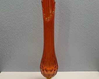 Vintage Fenton Amberina Red Swung Thumbprint Vase 17" GLOWS Orange Yellow