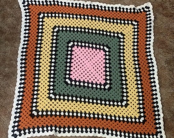 Handmade Crochet Afghan Blanket 43x43" Granny Square Colorful Granny Throw Retro