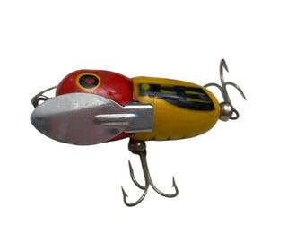 Vintage HEDDON Tiny Crazy Crawler Fishing Lure 2 Yellow Red Crank Bait