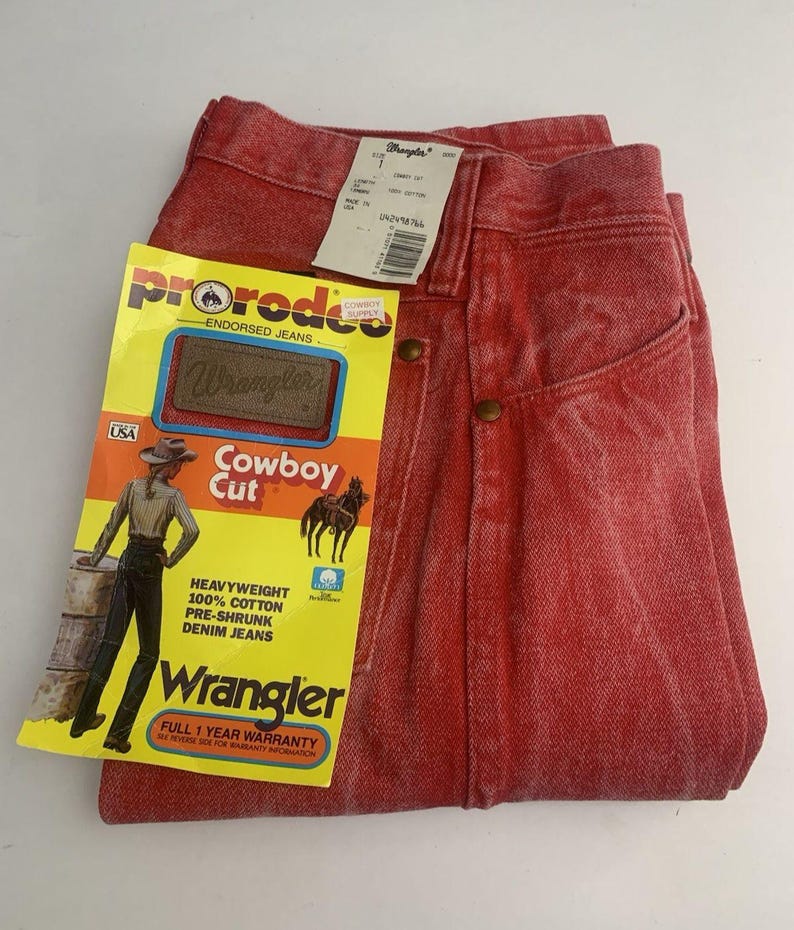 Jean VTG Wrangler pour femme 1 x 34 coupe cowboy, délavé à l'acide occidental rouge-orange Rodeo image 2