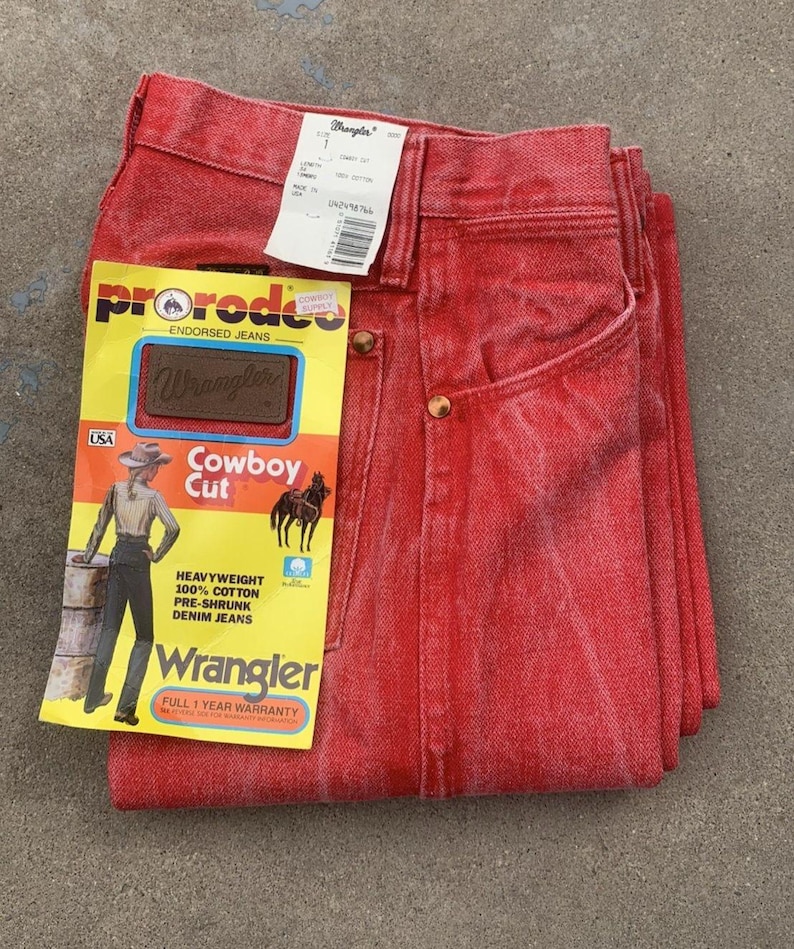Jean VTG Wrangler pour femme 1 x 34 coupe cowboy, délavé à l'acide occidental rouge-orange Rodeo image 1