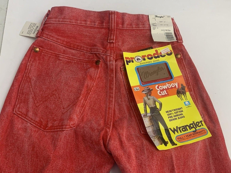 Jean VTG Wrangler pour femme 1 x 34 coupe cowboy, délavé à l'acide occidental rouge-orange Rodeo image 13