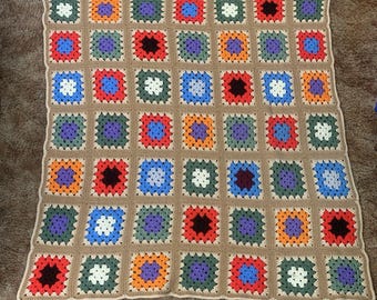 Vintage Knitted Afghan Crochet Throw Blanket 50x47" Colorful Granny Square Retro