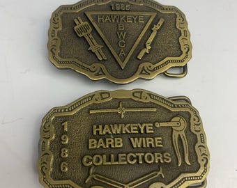 1985 & 1986 Hawkeye BWCA Barbed Wire Collectors Association Vintage Belt Buckle