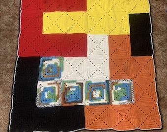 Vintage Knitted Afghan Crochet Throw Blanket 47x44" Color Block Retro Granny