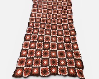 Vintage Granny Square Crochet Afghan Handmade Blanket 93X48 Retro Brown Orange