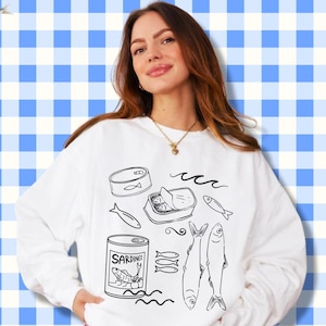 Sardine Sweatshirt, Doodle Sketch Crewneck, Tin Can Fisherman Aesthetic, Marine Animal, Pilchard, Herring Fish Lover, Sea Life, Ocean Gift