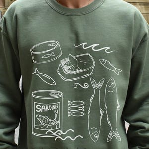 Fisherman Aesthetic, Sardine Doodle, Tin Can Sketch Sweatshirt Crewneck, Marine Animal, Pilchard, Herring Fish Lover, Sea Life, Ocean Gift