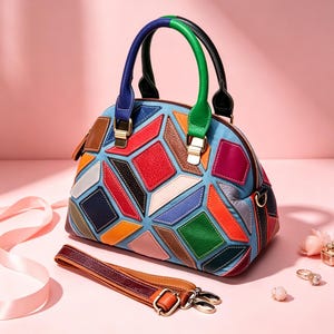 Vintage Patchwork-Ledertasche, Tragetasche aus echtem Rindsleder, farblich abgesetzte Schultertasche für Damen, Umhängetasche aus hochwertigem Leder