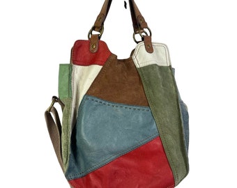 vtg y2k Nine West Vintage America Collection suède/leren patchwork hobo schoudertas