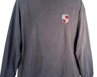 vtg 90's micro velvet embroidered porsche crest pullover sweater mens sz M grey