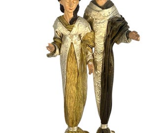 vtg Italian religious art sculpture in textile on gold gilde wood platform 18''