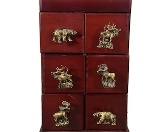 vtg wooden 6 drawer forest animal door knob cabin rustic table lamp 14''x 6''