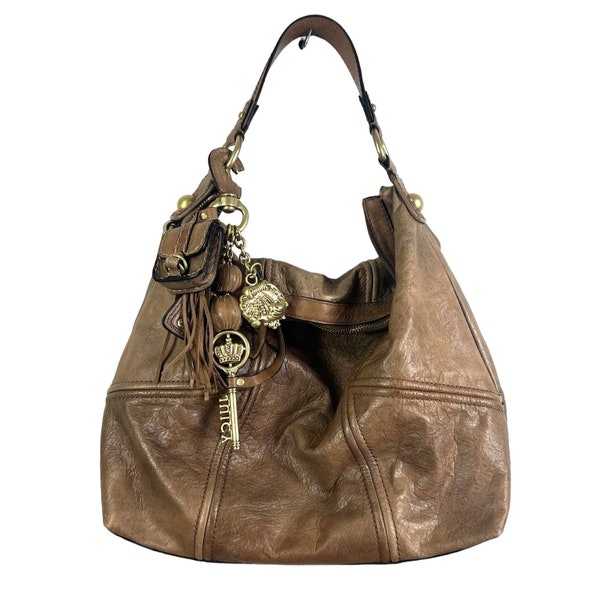 vtg y2k JUICY COUTURE tan lambs leather shoulder hobo bag with bag charms