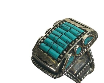 vtg artisan hand made silver rectangle turquoise large statement ring sz 9