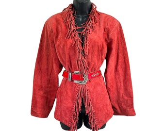 vtg Women's Red Jacket Suede Leather Fringe Vintage Western Biker Boho sz 1X