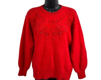 vtg 80's fuzzy lux mohair beaded red pullover sweater sz M