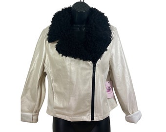 vtg y2kJuicy Couture pearly white Faux Fur Collar faux leather moto jacket L