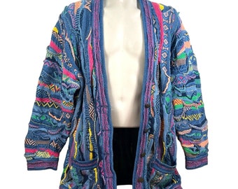 vtg 90's COOGI Blues Sweater Cardigan Australia 3D Chunky Vapor Wave Mens XL