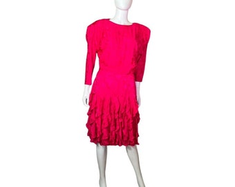 vtg 80's Spencer Jeremy hot pink floral batwing ruffle skirt dress womens sz 10